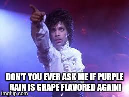 Purple Rain | DON'T YOU EVER ASK ME IF PURPLE RAIN IS GRAPE FLAVORED AGAIN! | image tagged in prince,purple,finger | made w/ Imgflip meme maker