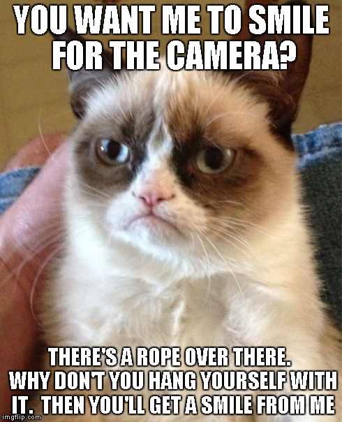 Grumpy Cat Meme | YOU WANT ME TO SMILE FOR THE CAMERA? THERE'S A ROPE OVER THERE.  WHY DON'T YOU HANG YOURSELF WITH IT.  THEN YOU'LL GET A SMILE FROM ME | image tagged in memes,grumpy cat | made w/ Imgflip meme maker