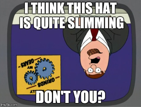 Couldn't figure out how to do it right side up | I THINK THIS HAT IS QUITE SLIMMING DON'T YOU? | image tagged in memes,peter griffin news,scumbag | made w/ Imgflip meme maker