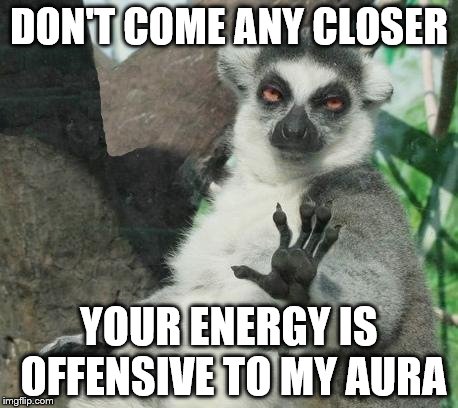 Stoner Lemur | DON'T COME ANY CLOSER YOUR ENERGY IS OFFENSIVE TO MY AURA | image tagged in memes,stoner lemur | made w/ Imgflip meme maker