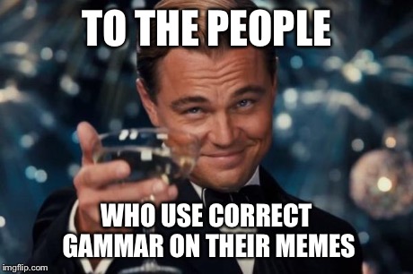 Leonardo Dicaprio Cheers | TO THE PEOPLE WHO USE CORRECT GAMMAR ON THEIR MEMES | image tagged in memes,leonardo dicaprio cheers | made w/ Imgflip meme maker