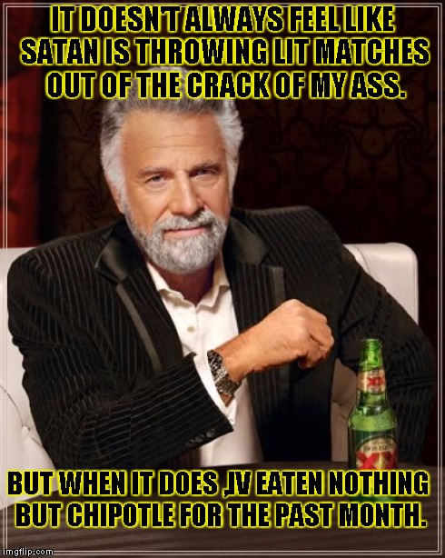 The Most Interesting Man In The World | IT DOESN'T ALWAYS FEEL LIKE SATAN IS THROWING LIT MATCHES OUT OF THE CRACK OF MY ASS. BUT WHEN IT DOES ,IV EATEN NOTHING BUT CHIPOTLE FOR TH | image tagged in memes,the most interesting man in the world | made w/ Imgflip meme maker