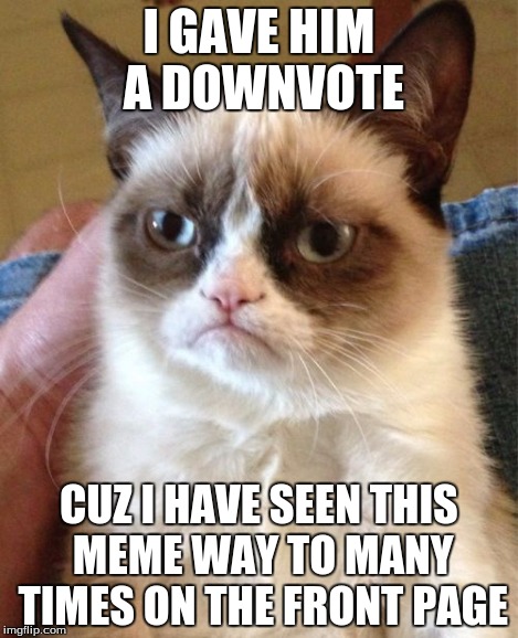 Grumpy Cat Meme | I GAVE HIM A DOWNVOTE CUZ I HAVE SEEN THIS MEME WAY TO MANY TIMES ON THE FRONT PAGE | image tagged in memes,grumpy cat | made w/ Imgflip meme maker