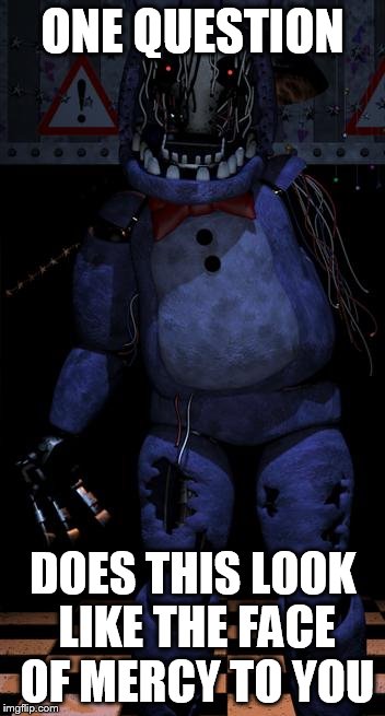 bonnie | ONE QUESTION DOES THIS LOOK LIKE THE FACE OF MERCY TO YOU | image tagged in bonnie | made w/ Imgflip meme maker