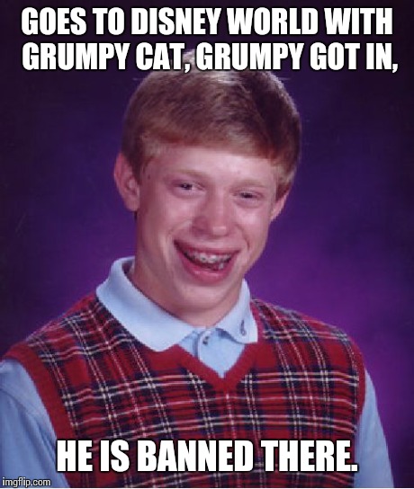 Bad Luck Brian Meme | GOES TO DISNEY WORLD WITH GRUMPY CAT, GRUMPY GOT IN, HE IS BANNED THERE. | image tagged in memes,bad luck brian | made w/ Imgflip meme maker
