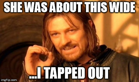 One Does Not Simply | SHE WAS ABOUT THIS WIDE ...I TAPPED OUT | image tagged in memes,one does not simply | made w/ Imgflip meme maker