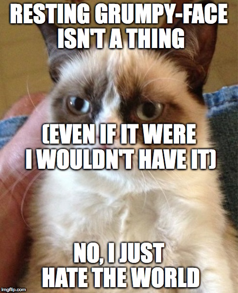 Grumpy Cat Meme | RESTING GRUMPY-FACE ISN'T A THING NO, I JUST HATE THE WORLD (EVEN IF IT WERE I WOULDN'T HAVE IT) | image tagged in memes,grumpy cat | made w/ Imgflip meme maker
