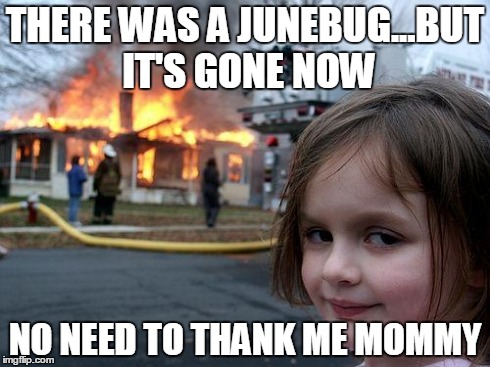 Disaster Girl Meme | THERE WAS A JUNEBUG...BUT IT'S GONE NOW NO NEED TO THANK ME MOMMY | image tagged in memes,disaster girl | made w/ Imgflip meme maker