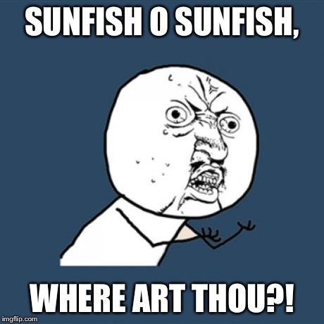 Y U No Meme | SUNFISH O SUNFISH, WHERE ART THOU?! | image tagged in memes,y u no | made w/ Imgflip meme maker