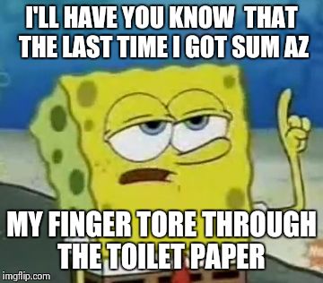 I'll Have You Know Spongebob | I'LL HAVE YOU KNOW  THAT THE LAST TIME I GOT SUM AZ MY FINGER TORE THROUGH THE TOILET PAPER | image tagged in memes,ill have you know spongebob | made w/ Imgflip meme maker