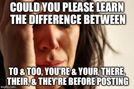 First World Problems Meme | COULD YOU PLEASE LEARN THE DIFFERENCE BETWEEN TO & TOO, YOU'RE & YOUR, THERE, THEIR, & THEY'RE BEFORE POSTING | image tagged in memes,first world problems | made w/ Imgflip meme maker