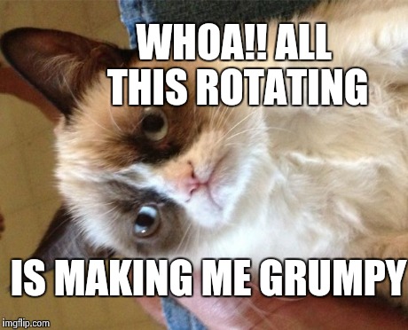 Grumpy Cat Meme | WHOA!! ALL THIS ROTATING IS MAKING ME GRUMPY | image tagged in memes,grumpy cat | made w/ Imgflip meme maker