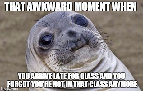 Awkward Moment Sealion | THAT AWKWARD MOMENT WHEN YOU ARRIVE LATE FOR CLASS AND YOU FORGOT YOU'RE NOT IN THAT CLASS ANYMORE | image tagged in memes,awkward moment sealion | made w/ Imgflip meme maker