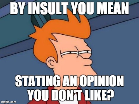 Futurama Fry Meme | BY INSULT YOU MEAN STATING AN OPINION YOU DON'T LIKE? | image tagged in memes,futurama fry | made w/ Imgflip meme maker