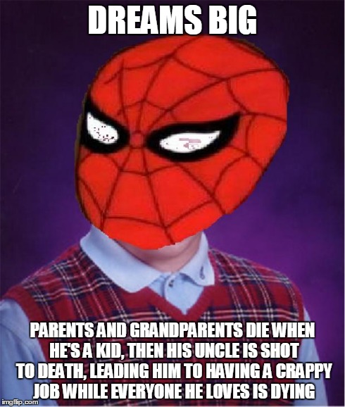 Bad Luck Spider-Man | DREAMS BIG PARENTS AND GRANDPARENTS DIE WHEN HE'S A KID, THEN HIS UNCLE IS SHOT TO DEATH, LEADING HIM TO HAVING A CRAPPY JOB WHILE EVERYONE  | image tagged in bad luck spider-man | made w/ Imgflip meme maker
