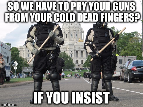 Not a Problem | SO WE HAVE TO PRY YOUR GUNS FROM YOUR COLD DEAD FINGERS? IF YOU INSIST | image tagged in police state | made w/ Imgflip meme maker