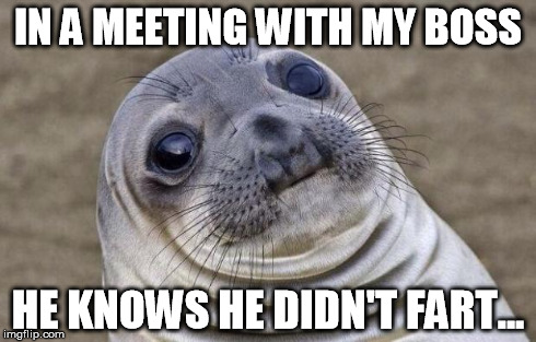 Awkward Moment Sealion | IN A MEETING WITH MY BOSS HE KNOWS HE DIDN'T FART... | image tagged in memes,awkward moment sealion | made w/ Imgflip meme maker