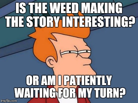 Futurama Fry Meme | IS THE WEED MAKING THE STORY INTERESTING? OR AM I PATIENTLY WAITING FOR MY TURN? | image tagged in memes,futurama fry | made w/ Imgflip meme maker