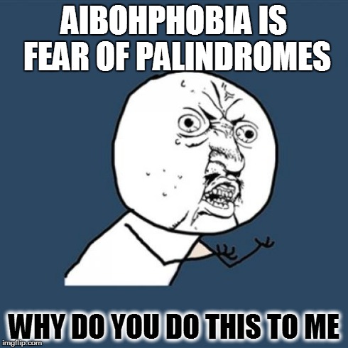 Aibohphobia  | AIBOHPHOBIA IS FEAR OF PALINDROMES WHY DO YOU DO THIS TO ME | image tagged in memes,y u no,aibohphobia,palindromes,why you do this to me,i hate the world | made w/ Imgflip meme maker