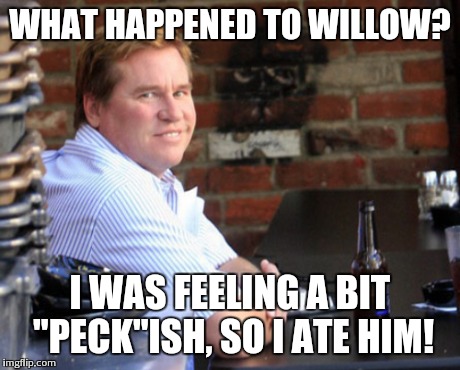 Fat Val Kilmer Meme | WHAT HAPPENED TO WILLOW? I WAS FEELING A BIT "PECK"ISH, SO I ATE HIM! | image tagged in memes,fat val kilmer | made w/ Imgflip meme maker