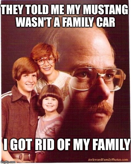 vengeance dad | THEY TOLD ME MY MUSTANG WASN'T A FAMILY CAR I GOT RID OF MY FAMILY | image tagged in vengeance dad | made w/ Imgflip meme maker