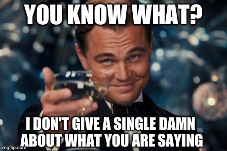 Leonardo Dicaprio Cheers | YOU KNOW WHAT? I DON'T GIVE A SINGLE DAMN ABOUT WHAT YOU ARE SAYING | image tagged in memes,leonardo dicaprio cheers | made w/ Imgflip meme maker
