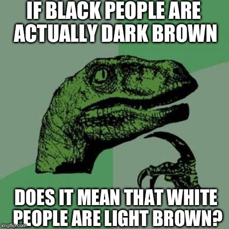 Philosoraptor | IF BLACK PEOPLE ARE ACTUALLY DARK BROWN DOES IT MEAN THAT WHITE PEOPLE ARE LIGHT BROWN? | image tagged in memes,philosoraptor | made w/ Imgflip meme maker
