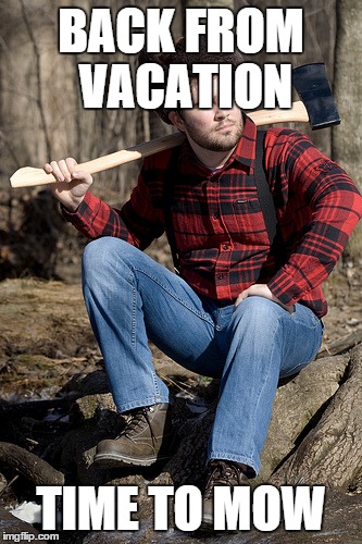 Solemn Lumberjack Meme | BACK FROM VACATION TIME TO MOW | image tagged in memes,solemn lumberjack | made w/ Imgflip meme maker