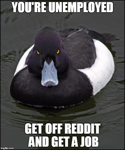 Angry duck | YOU'RE UNEMPLOYED GET OFF REDDIT AND GET A JOB | image tagged in angry duck | made w/ Imgflip meme maker