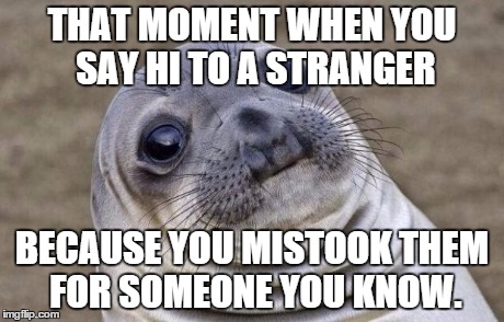 Awkward Moment Sealion Meme | THAT MOMENT WHEN YOU SAY HI TO A STRANGER BECAUSE YOU MISTOOK THEM FOR SOMEONE YOU KNOW. | image tagged in memes,awkward moment sealion | made w/ Imgflip meme maker