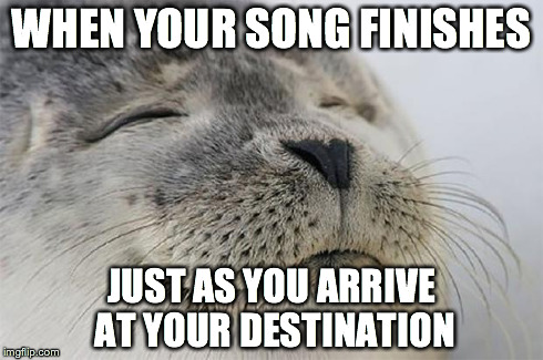 Satisfied Seal Meme | WHEN YOUR SONG FINISHES JUST AS YOU ARRIVE AT YOUR DESTINATION | image tagged in memes,satisfied seal,AdviceAnimals | made w/ Imgflip meme maker
