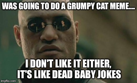 Matrix Morpheus Meme | WAS GOING TO DO A GRUMPY CAT MEME.... I DON'T LIKE IT EITHER, IT'S LIKE DEAD BABY JOKES | image tagged in memes,matrix morpheus | made w/ Imgflip meme maker