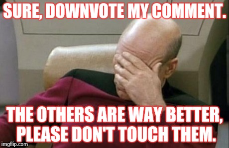 Captain Picard Facepalm Meme | SURE, DOWNVOTE MY COMMENT. THE OTHERS ARE WAY BETTER, PLEASE DON'T TOUCH THEM. | image tagged in memes,captain picard facepalm | made w/ Imgflip meme maker