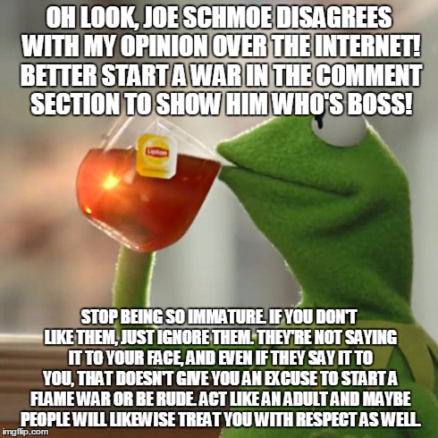 Grow up. | OH LOOK, JOE SCHMOE DISAGREES WITH MY OPINION OVER THE INTERNET! BETTER START A WAR IN THE COMMENT SECTION TO SHOW HIM WHO'S BOSS! STOP BEIN | image tagged in memes,but thats none of my business,kermit the frog,comments,internet,flame war | made w/ Imgflip meme maker
