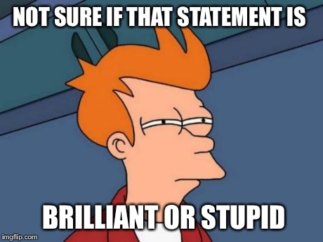 Futurama Fry | NOT SURE IF THAT STATEMENT IS BRILLIANT OR STUPID | image tagged in memes,futurama fry | made w/ Imgflip meme maker