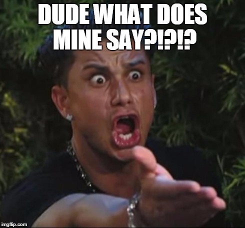 Sweet. | DUDE WHAT DOES MINE SAY?!?!? | image tagged in memes,dj pauly d | made w/ Imgflip meme maker