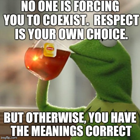 But That's None Of My Business Meme | NO ONE IS FORCING YOU TO COEXIST.  RESPECT IS YOUR OWN CHOICE. BUT OTHERWISE, YOU HAVE THE MEANINGS CORRECT | image tagged in memes,but thats none of my business,kermit the frog | made w/ Imgflip meme maker