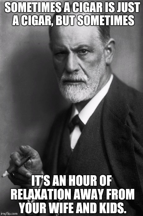 Sigmund Freud Meme | SOMETIMES A CIGAR IS JUST A CIGAR, BUT SOMETIMES IT'S AN HOUR OF RELAXATION AWAY FROM YOUR WIFE AND KIDS. | image tagged in memes,sigmund freud | made w/ Imgflip meme maker