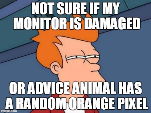 Futurama Fry | NOT SURE IF MY MONITOR IS DAMAGED OR ADVICE ANIMAL HAS A RANDOM ORANGE PIXEL | image tagged in memes,futurama fry | made w/ Imgflip meme maker