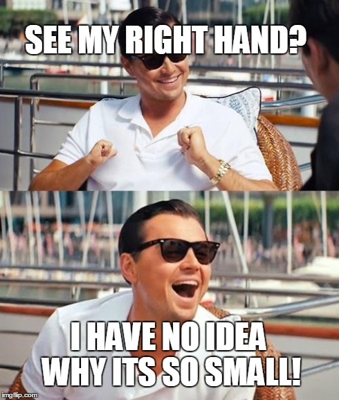 Bagel bite hand.
 | SEE MY RIGHT HAND? I HAVE NO IDEA WHY ITS SO SMALL! | image tagged in memes,leonardo dicaprio wolf of wall street | made w/ Imgflip meme maker