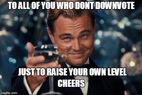 Leonardo Dicaprio Cheers | TO ALL OF YOU WHO DONT DOWNVOTE JUST TO RAISE YOUR OWN LEVEL CHEERS | image tagged in memes,leonardo dicaprio cheers | made w/ Imgflip meme maker