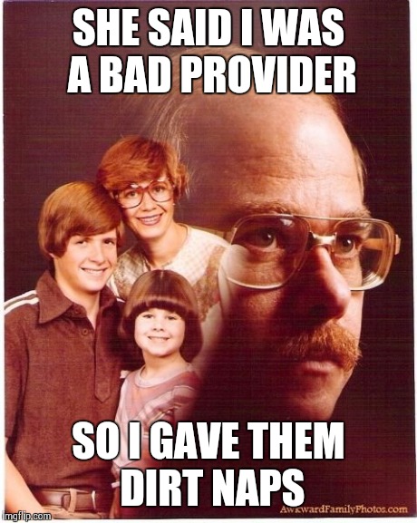 Vengeance Dad | SHE SAID I WAS A BAD PROVIDER SO I GAVE THEM DIRT NAPS | image tagged in memes,vengeance dad | made w/ Imgflip meme maker