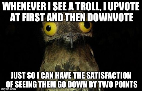 Weird Stuff I Do Potoo | WHENEVER I SEE A TROLL, I UPVOTE AT FIRST AND THEN DOWNVOTE JUST SO I CAN HAVE THE SATISFACTION OF SEEING THEM GO DOWN BY TWO POINTS | image tagged in memes,weird stuff i do potoo | made w/ Imgflip meme maker