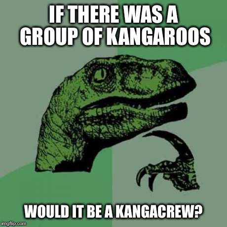 Philosoraptor Meme | IF THERE WAS A GROUP OF KANGAROOS WOULD IT BE A KANGACREW? | image tagged in memes,philosoraptor | made w/ Imgflip meme maker