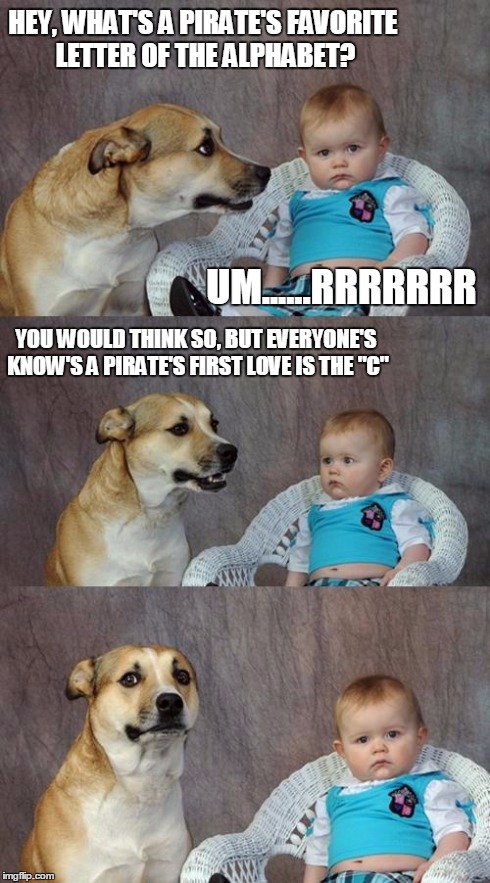 Pirate Joke | HEY, WHAT'S A PIRATE'S FAVORITE LETTER OF THE ALPHABET? UM......RRRRRRR YOU WOULD THINK SO, BUT EVERYONE'S KNOW'S A PIRATE'S FIRST LOVE IS T | image tagged in memes,dad joke dog,pirate joke,r | made w/ Imgflip meme maker