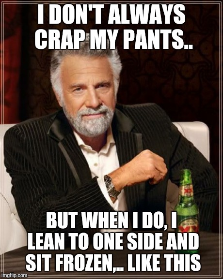 The Most Interesting Man In The World Meme | I DON'T ALWAYS CRAP MY PANTS.. BUT WHEN I DO, I LEAN TO ONE SIDE AND SIT FROZEN,.. LIKE THIS | image tagged in memes,the most interesting man in the world | made w/ Imgflip meme maker
