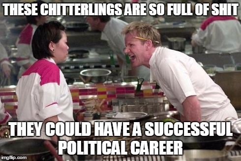 Gordon Ramsey | THESE CHITTERLINGS ARE SO FULL OF SHIT THEY COULD HAVE A SUCCESSFUL POLITICAL CAREER | image tagged in gordon ramsey,nsfw | made w/ Imgflip meme maker
