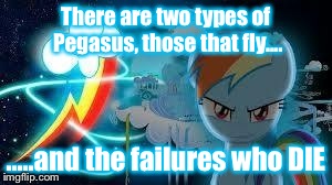 When you fail your flight exam... | There are two types of Pegasus, those that fly.... .....and the failures who DIE | image tagged in rainbow dash | made w/ Imgflip meme maker