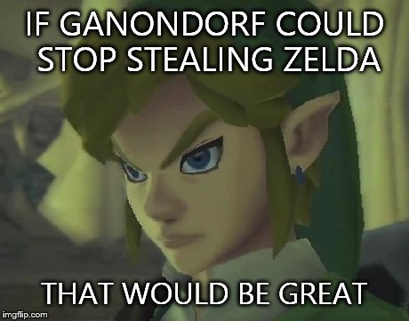 Angry Link | IF GANONDORF COULD STOP STEALING ZELDA THAT WOULD BE GREAT | image tagged in angry link | made w/ Imgflip meme maker