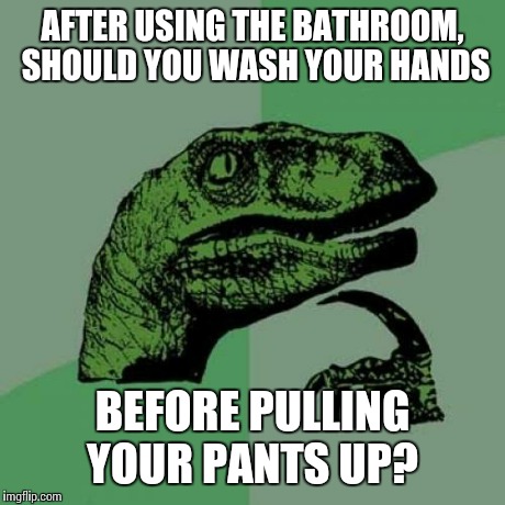 I mean really, what keeps our clothes from getting contaminated? | AFTER USING THE BATHROOM, SHOULD YOU WASH YOUR HANDS BEFORE PULLING YOUR PANTS UP? | image tagged in memes,philosoraptor | made w/ Imgflip meme maker